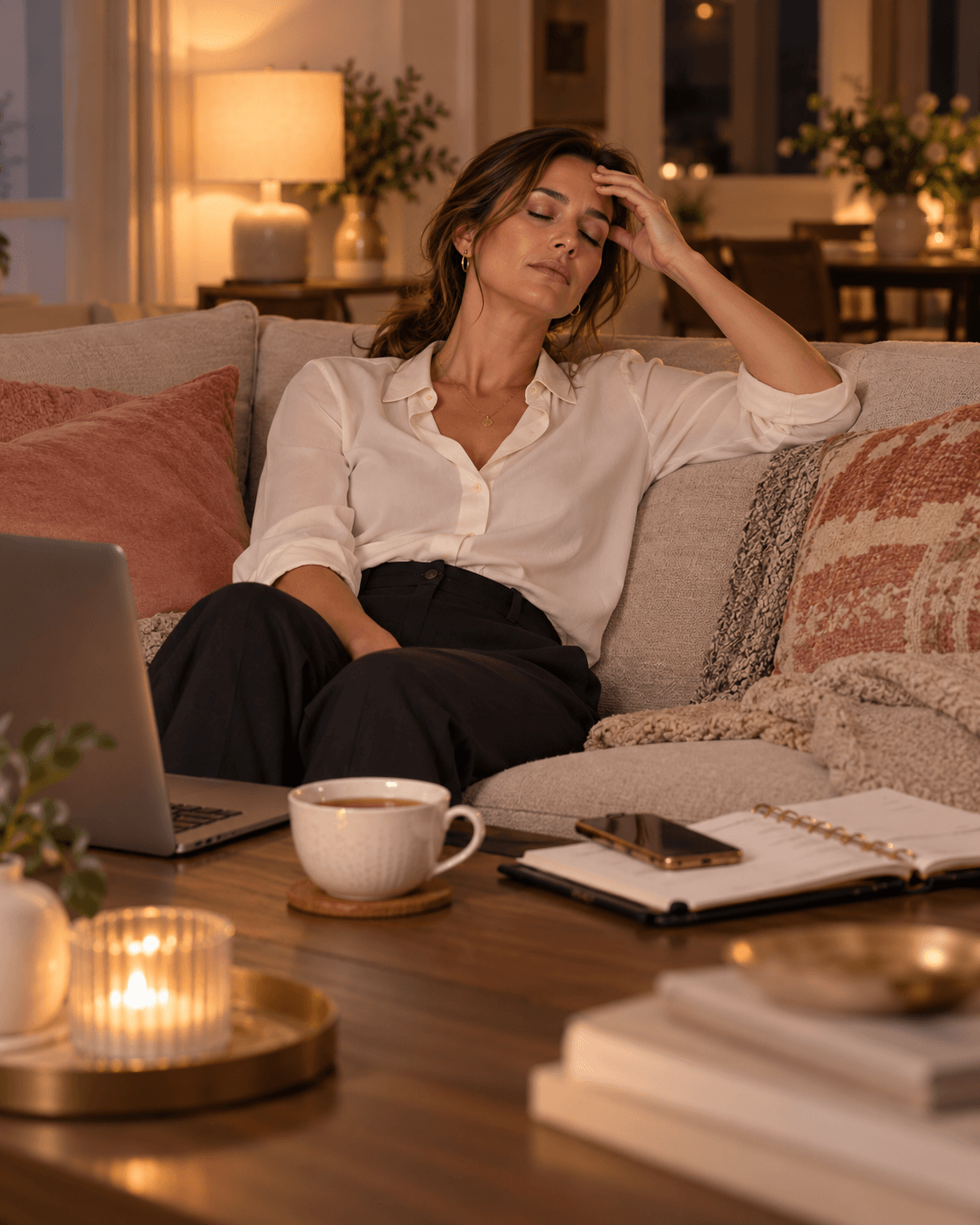 Tired woman resting on the couch after a long day